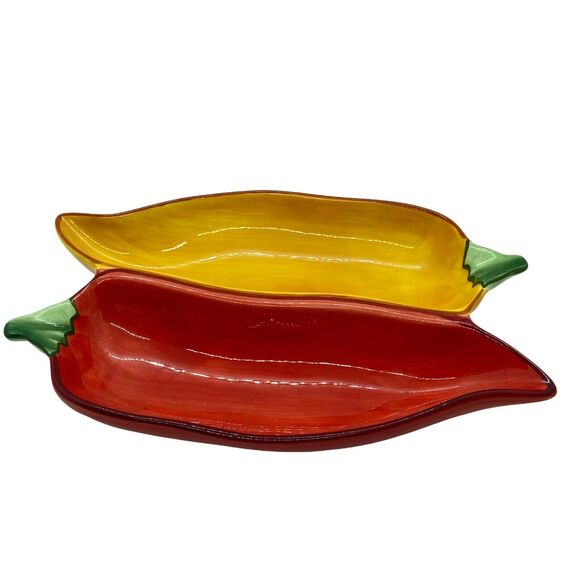 Chili Peppers Chip & Dip Divided Condiment Tray Clay Art Red Yellow Double - Picture 1 of 7